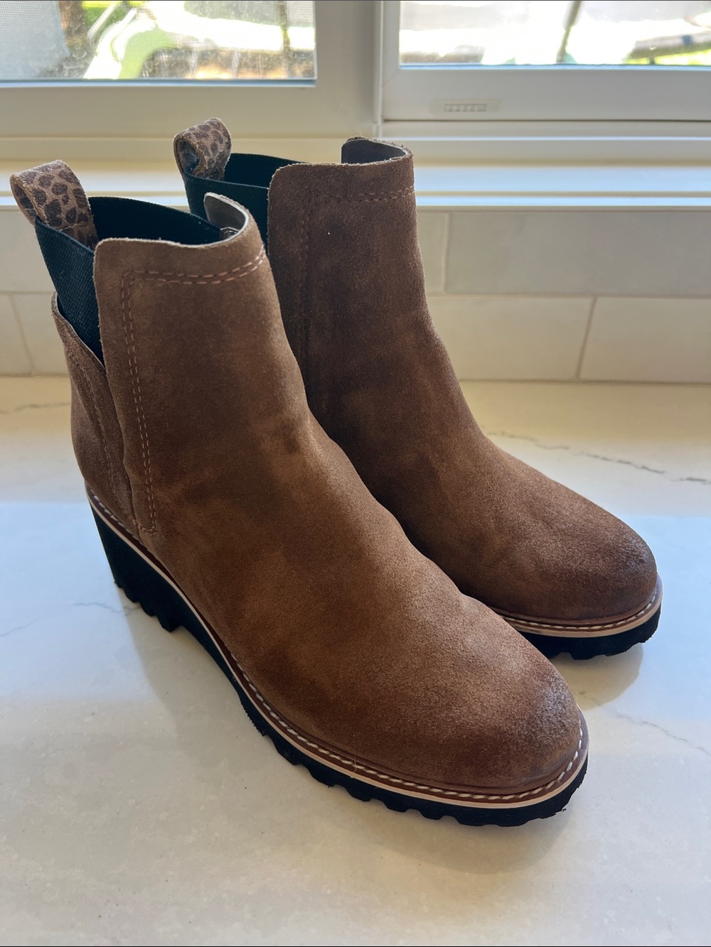 Dolce Vita Brown Suede Wedge Chelsea Booties with Leopard Pull Tab